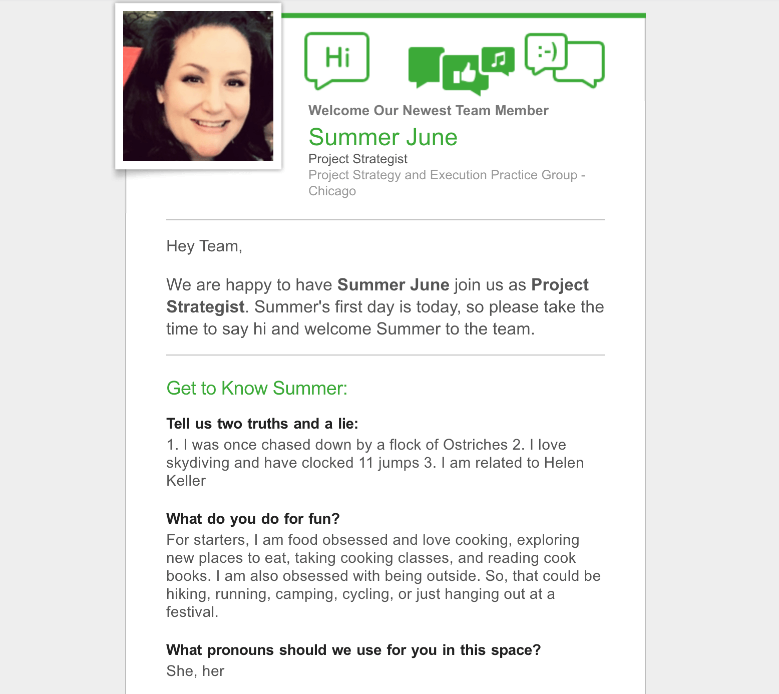 One of our diversity recruiting ideas, a welcome email showcasing facts and pronouns