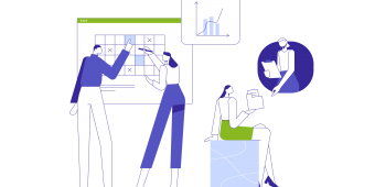 Illustration of four workers in an office environment creating a schedule on a calendar.|Illustration of four team members working together in an office setting.|Illustration of three team members in blue, two balancing the other on a triangular shaped object.