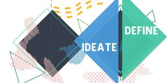 Ideate and define diamond|designs drawn on paper|storyboard designs on a wall|multiple phone screen app tests