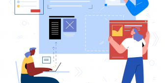 ||Illustration of woman wearing a red shirt and blue plants sitting at a table working|Illustration of three teammates in their various bubbles communicating with one another.