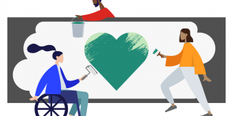 white woman in wheelchair, black man and brown woman all painting heart on wall