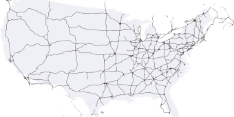 map of what’s known today as the United States, portrayed by black outlines of roads over a gray silhouette